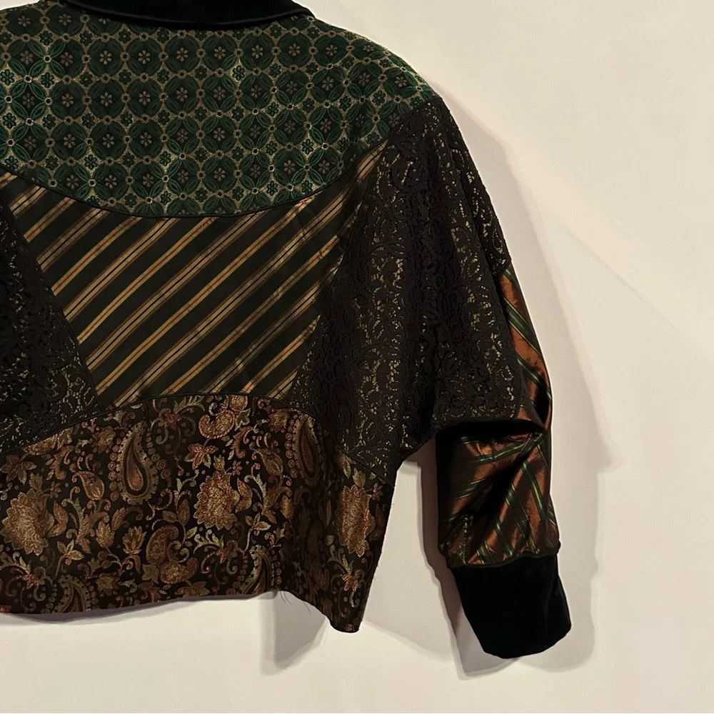 VTG Susan Bristol Patchwork Blazer Jacket Size S Mixed Media Velvet Lace Brocade